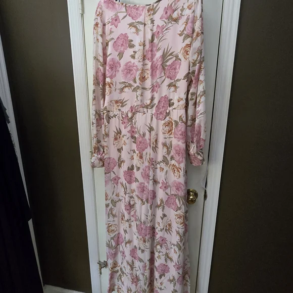 Baltic Born Pink and Cream Long Sleeve Sundress with Plunge Neckline - Picture 3 of 3